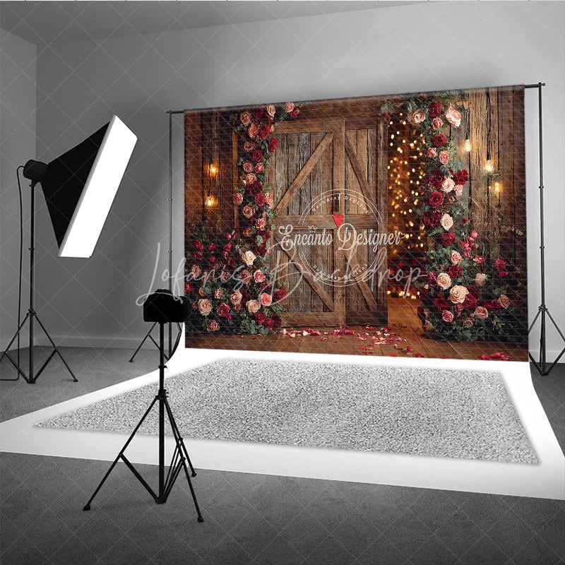Lofaris Rustic Wooden Barn Door Photography Backdrop with Red and Pink Roses Warm String Lights for Romantic Valentine’s Day