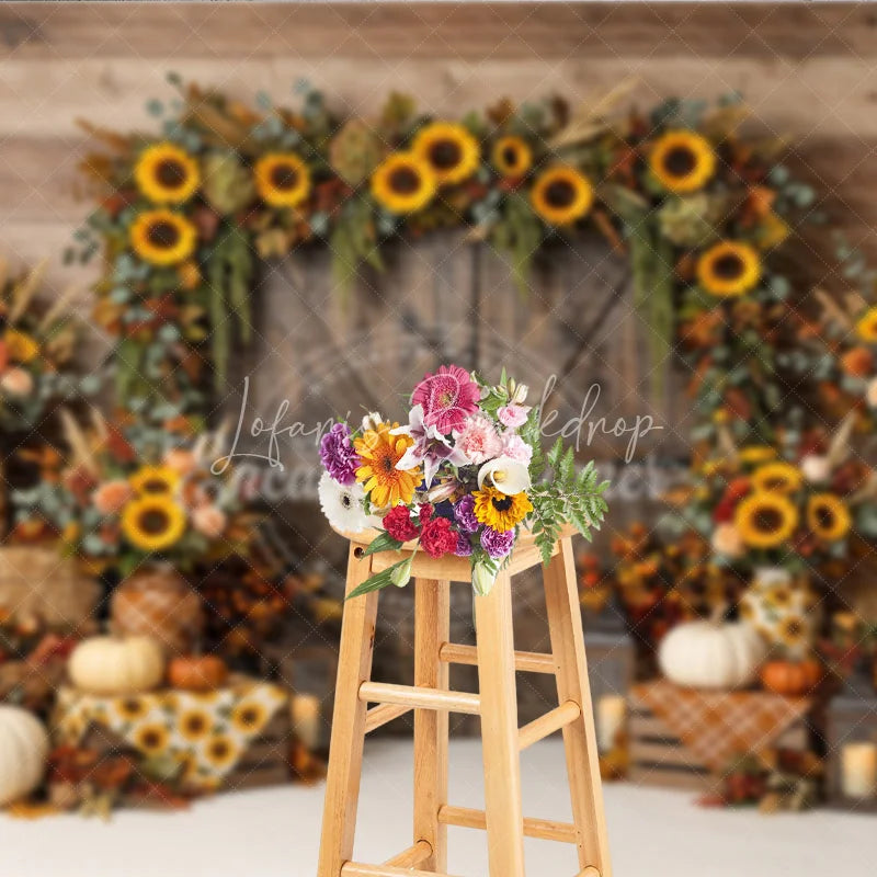 Lofaris Rustic Wooden Barn Door Photography Backdrop with Sunflower Garland Autumn Fall Harvest Decor Pumpkins and Hay Bales
