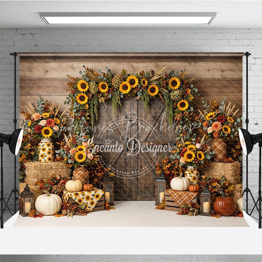 Lofaris Rustic Wooden Barn Door Photography Backdrop with Sunflower Garland Autumn Fall Harvest Decor Pumpkins and Hay Bales
