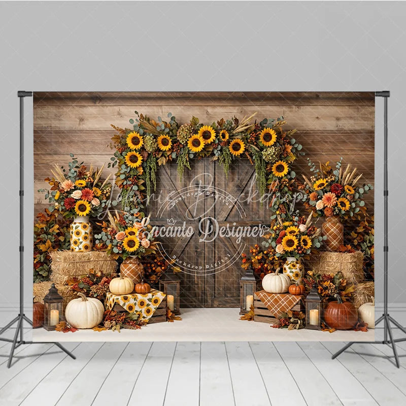 Lofaris Rustic Wooden Barn Door Photography Backdrop with Sunflower Garland Autumn Fall Harvest Decor Pumpkins and Hay Bales