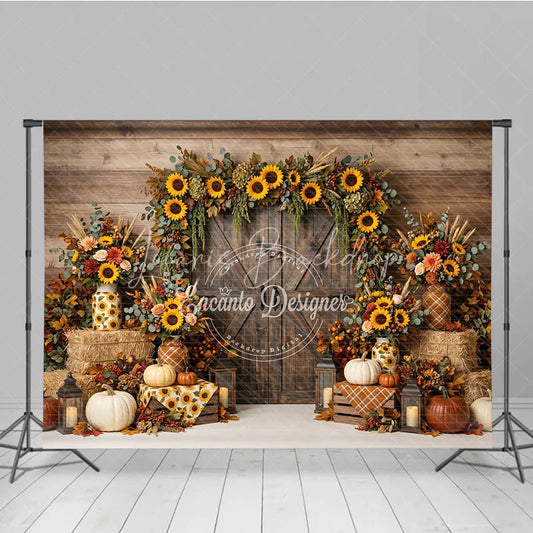 Lofaris Rustic Wooden Barn Door Photography Backdrop with Sunflower Garland Autumn Fall Harvest Decor Pumpkins and Hay Bales