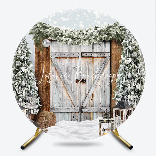 Lofaris Rustic Wooden Barn Door Snowy Christmas Trees and Lanterns Round Backdrop Winter Holiday Festive Photo Decor