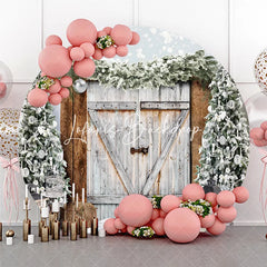Lofaris Rustic Wooden Barn Door Snowy Christmas Trees and Lanterns Round Backdrop Winter Holiday Festive Photo Decor