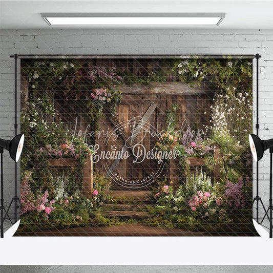 Lofaris Rustic Wooden Barn Door with Lush Floral Garden Photography Backdrop Enchanting Spring or Wedding Decor