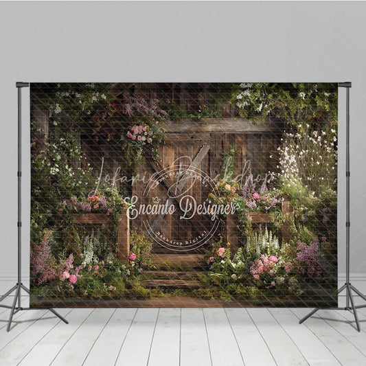 Lofaris Rustic Wooden Barn Door with Lush Floral Garden Photography Backdrop Enchanting Spring or Wedding Decor