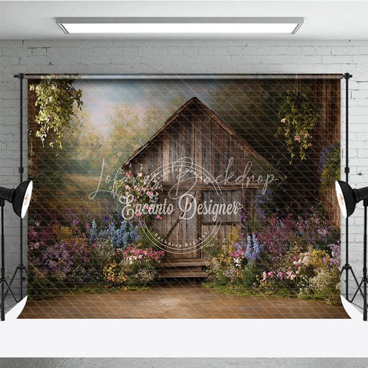 Lofaris Rustic Wooden Barn Photography Backdrop with Colorful Wildflowers Enchanting Spring Garden Scene for Photoshoots