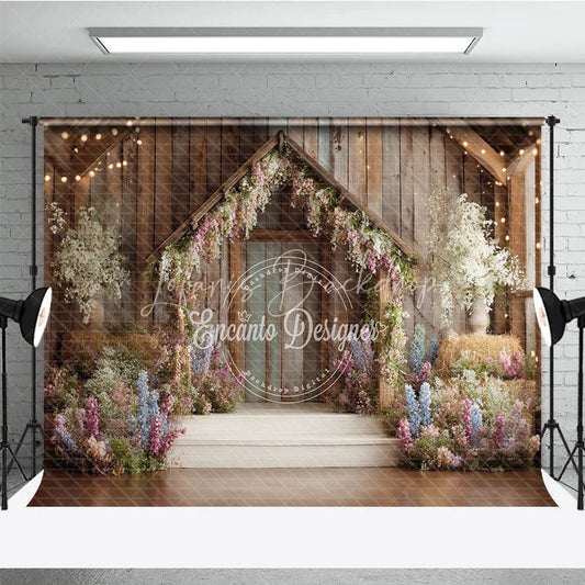 Lofaris Rustic Wooden Barn Photography Backdrop with Enchanted Floral Arch and String Lights Spring Garden Party Decor