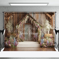 Lofaris Rustic Wooden Barn Photography Backdrop with Enchanted Floral Arch and String Lights Spring Garden Party Decor