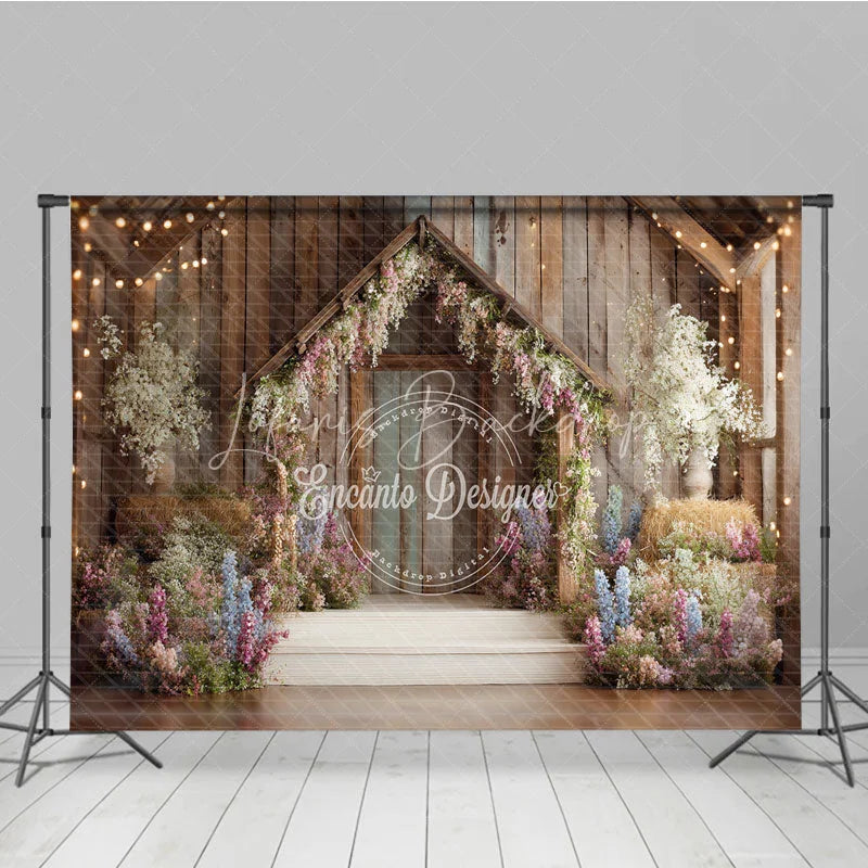 Lofaris Rustic Wooden Barn Photography Backdrop with Enchanted Floral Arch and String Lights Spring Garden Party Decor