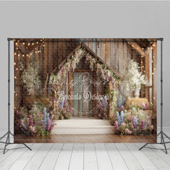Lofaris Rustic Wooden Barn Photography Backdrop with Enchanted Floral Arch and String Lights Spring Garden Party Decor