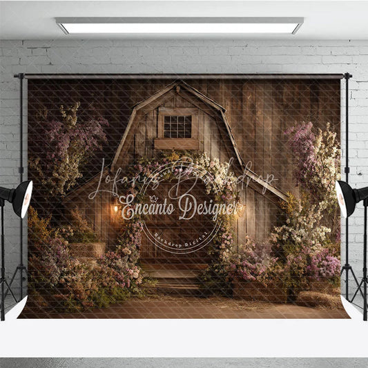 Lofaris Rustic Wooden Barn Photography Backdrop with Floral Arch and Warm Lanterns Enchanting Spring Celebration Decor