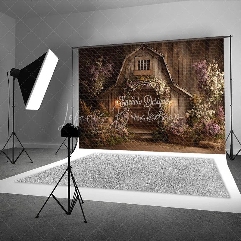 Lofaris Rustic Wooden Barn Photography Backdrop with Floral Arch and Warm Lanterns Enchanting Spring Celebration Decor