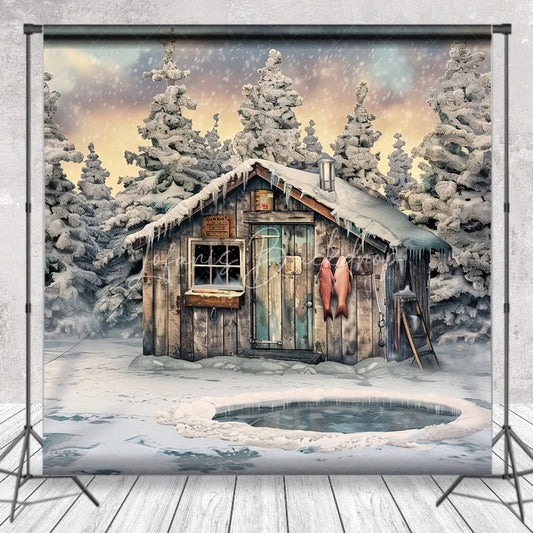 Lofaris Rustic Wooden Cabin and Snowy Pine Trees Photography Backdrop Winter Ice Fishing Scene with Hanging Fish