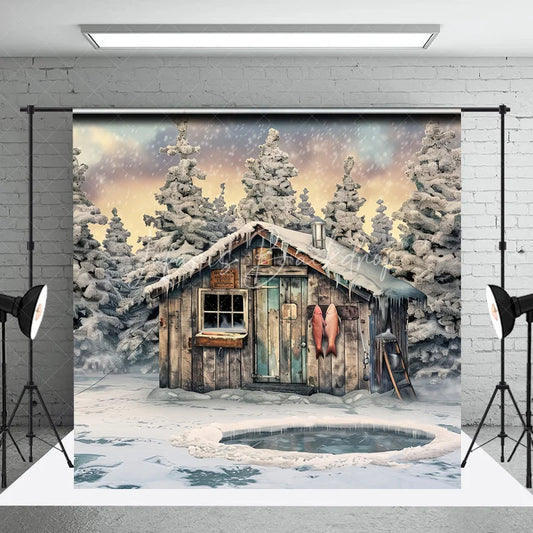 Lofaris Rustic Wooden Cabin and Snowy Pine Trees Photography Backdrop Winter Ice Fishing Scene with Hanging Fish