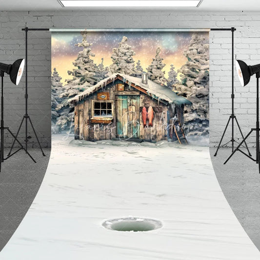 Lofaris Rustic Wooden Cabin and Snowy Pine Trees Sweep Backdrop Winter Ice Fishing Scene Photography Prop