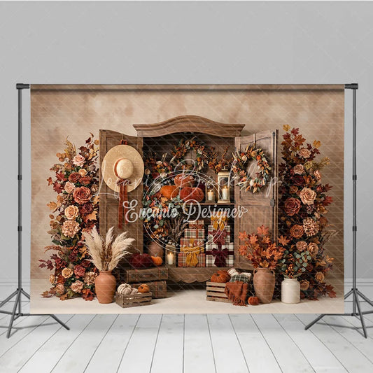 Lofaris Rustic Wooden Cabinet Autumn Photography Backdrop with Pumpkins Fall Foliage and Wreaths Cozy Harvest Theme