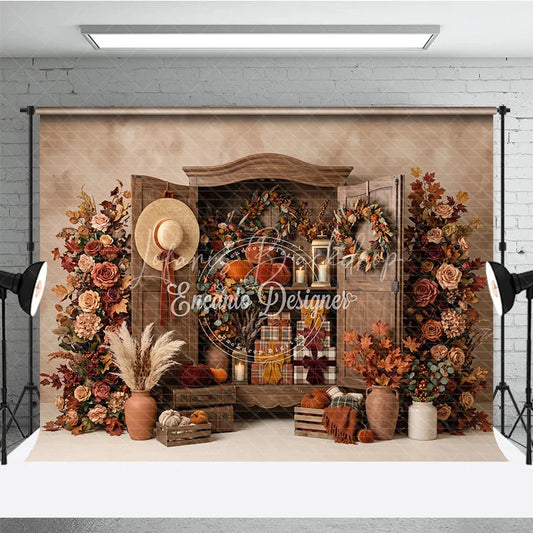 Lofaris Rustic Wooden Cabinet Autumn Photography Backdrop with Pumpkins Fall Foliage and Wreaths Cozy Harvest Theme
