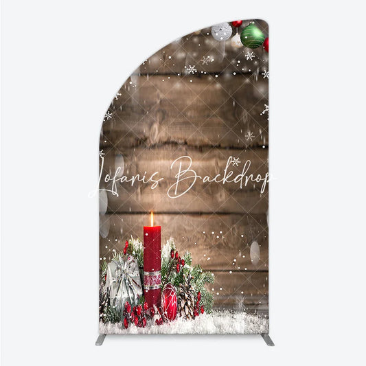 Lofaris Rustic Wooden Christmas Half Moon Arch Backdrop with Ornaments Snowflakes Candle and Gift for Winter Holiday Party