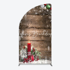 Lofaris Rustic Wooden Christmas Half Moon Arch Backdrop with Ornaments Snowflakes Candle and Gift for Winter Holiday Party