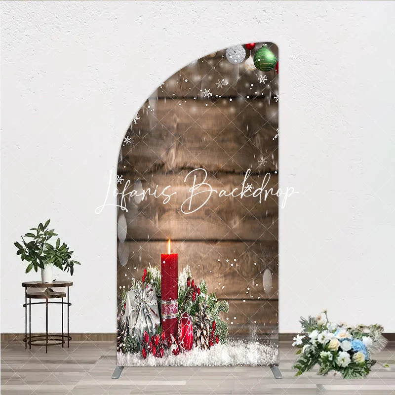 Lofaris Rustic Wooden Christmas Half Moon Arch Backdrop with Ornaments Snowflakes Candle and Gift for Winter Holiday Party