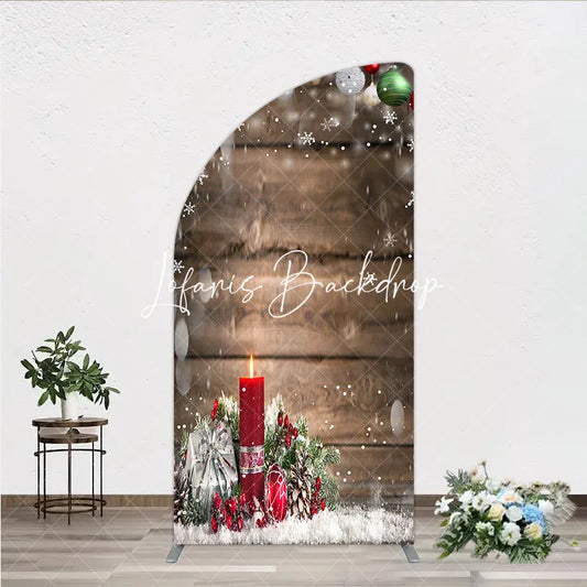 Lofaris Rustic Wooden Christmas Half Moon Arch Backdrop with Ornaments Snowflakes Candle and Gift for Winter Holiday Party