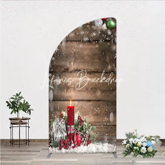 Lofaris Rustic Wooden Christmas Half Moon Arch Backdrop with Ornaments Snowflakes Candle and Gift for Winter Holiday Party