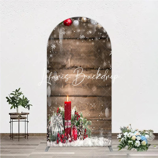 Lofaris Rustic Wooden Christmas Ornaments Red Candle Pine Snow Round Top Arch Backdrop Winter Holiday Party Decor