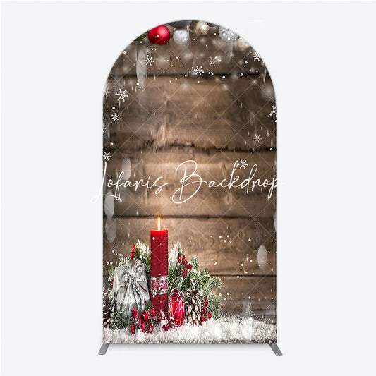 Lofaris Rustic Wooden Christmas Ornaments Red Candle Pine Snow Round Top Arch Backdrop Winter Holiday Party Decor