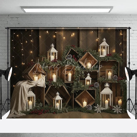 Lofaris Rustic Wooden Crate Christmas Backdrop Candle Lantern Photography Background Farmhouse Pine Winter Holiday Party Decor