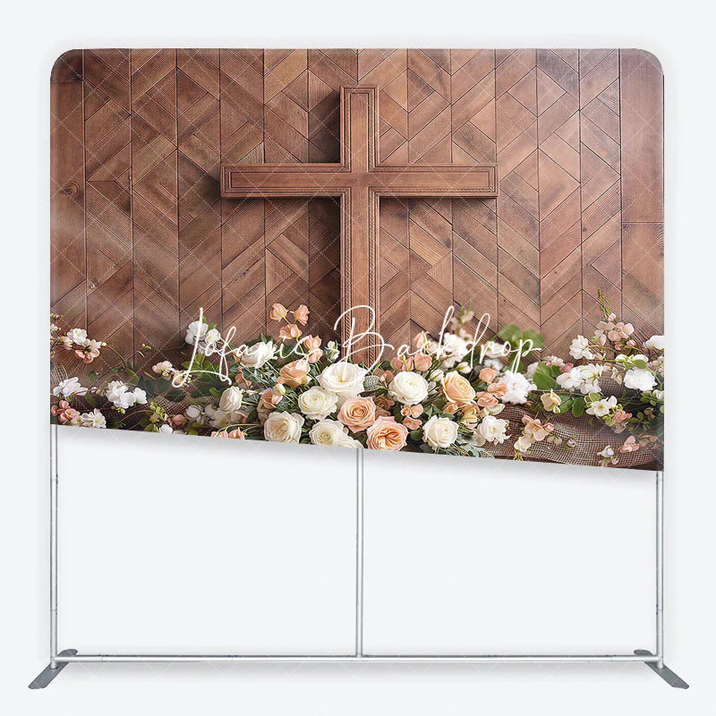 Lofaris Rustic Wooden Cross and Floral Square Double-Sided Backdrop Elegant White Peach Roses Wood Panel Background