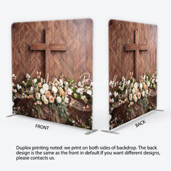 Lofaris Rustic Wooden Cross and Floral Square Double-Sided Backdrop Elegant White Peach Roses Wood Panel Background