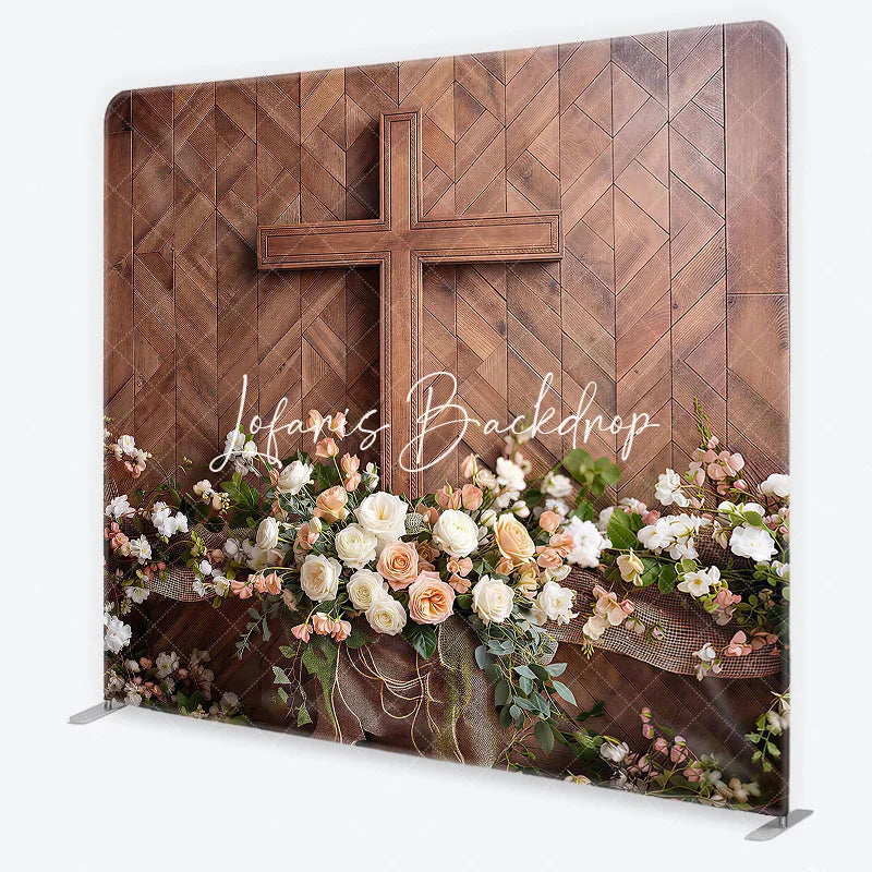 Lofaris Rustic Wooden Cross and Floral Square Double-Sided Backdrop Elegant White Peach Roses Wood Panel Background