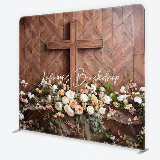 Lofaris Rustic Wooden Cross and Floral Square Double-Sided Backdrop Elegant White Peach Roses Wood Panel Background