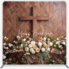 Lofaris Rustic Wooden Cross and Floral Square Double-Sided Backdrop Elegant White Peach Roses Wood Panel Background