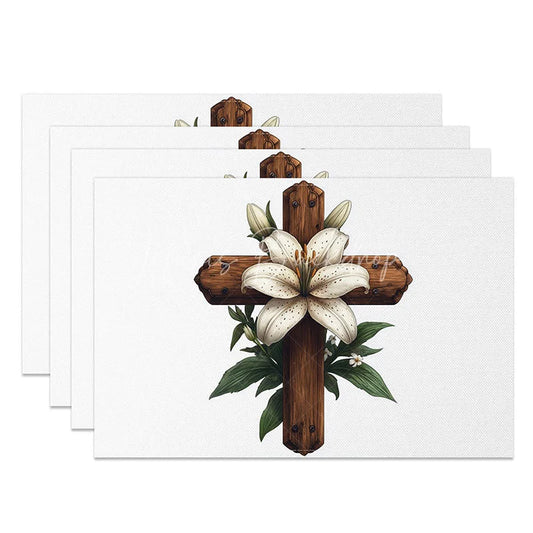 Lofaris Rustic Wooden Cross Set of 4 Placemats White Lily Flower Religious Table Mats Easter Church Event Dining Decoration
