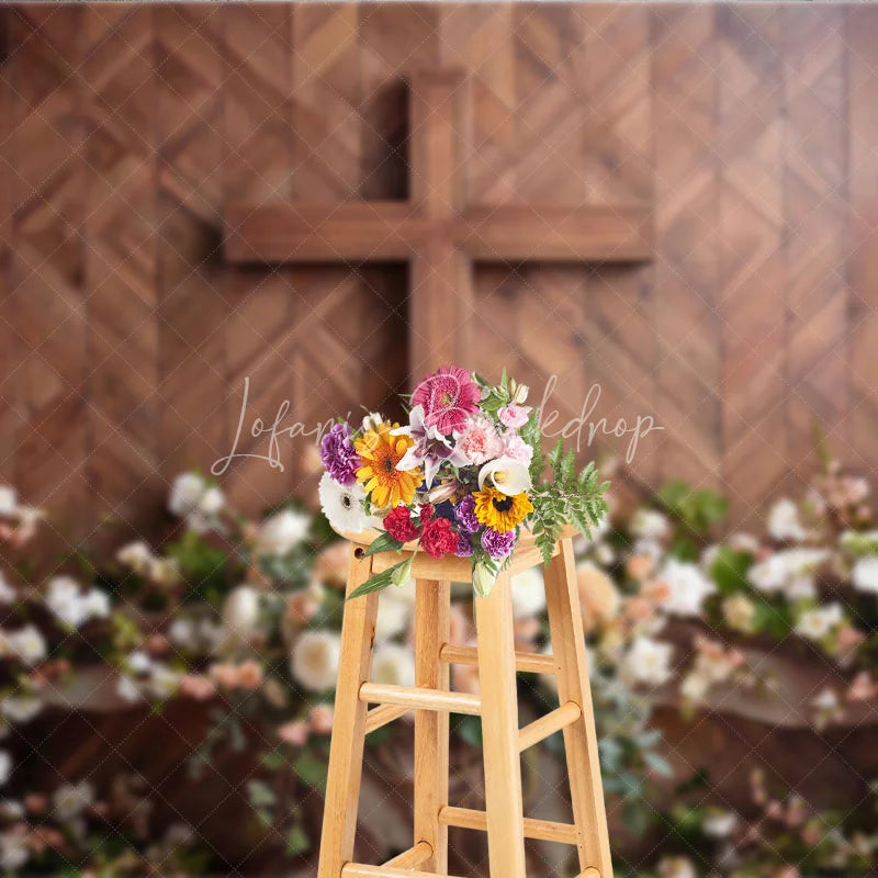 Lofaris Rustic Wooden Cross with White and Peach Floral Arrangement Photography Backdrop Elegant Religious Event Decor
