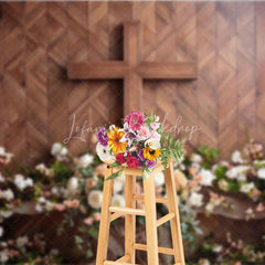 Lofaris Rustic Wooden Cross with White and Peach Floral Arrangement Photography Backdrop Elegant Religious Event Decor