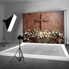 Lofaris Rustic Wooden Cross with White and Peach Floral Arrangement Photography Backdrop Elegant Religious Event Decor