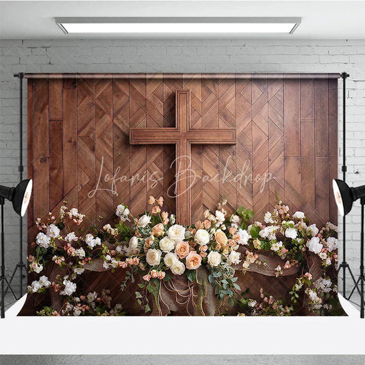 Lofaris Rustic Wooden Cross with White and Peach Floral Arrangement Photography Backdrop Elegant Religious Event Decor