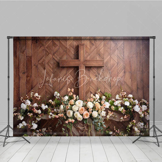 Lofaris Rustic Wooden Cross with White and Peach Floral Arrangement Photography Backdrop Elegant Religious Event Decor