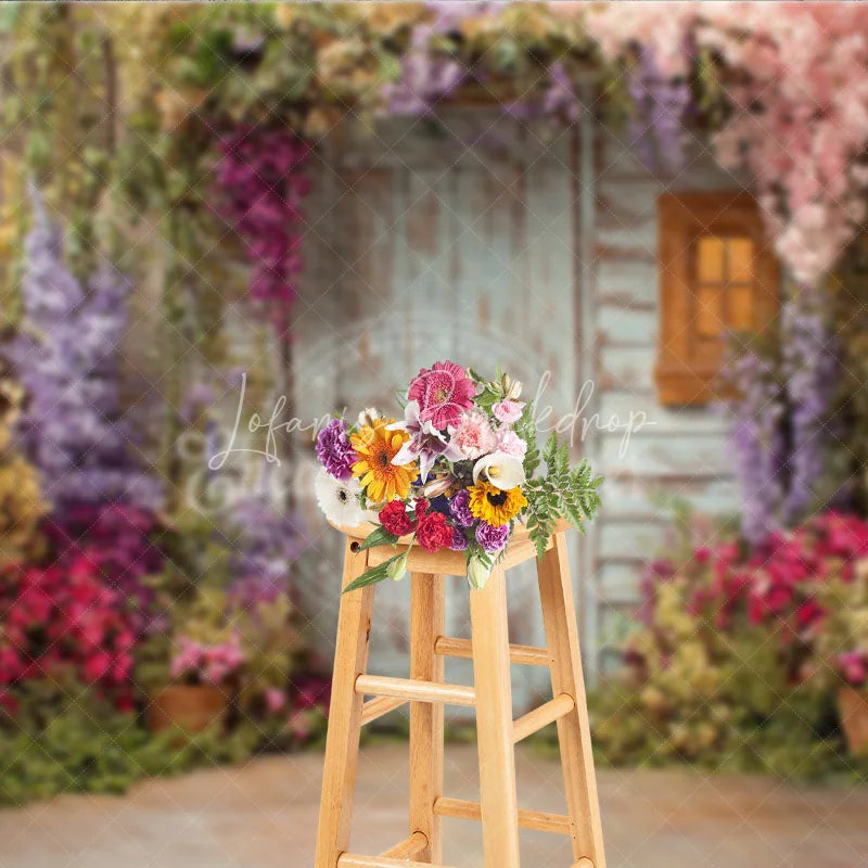 Lofaris Rustic Wooden Door and Window Photography Backdrop with Colorful Spring Flowers Enchanted Garden Scene