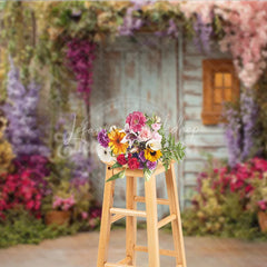 Lofaris Rustic Wooden Door and Window Photography Backdrop with Colorful Spring Flowers Enchanted Garden Scene