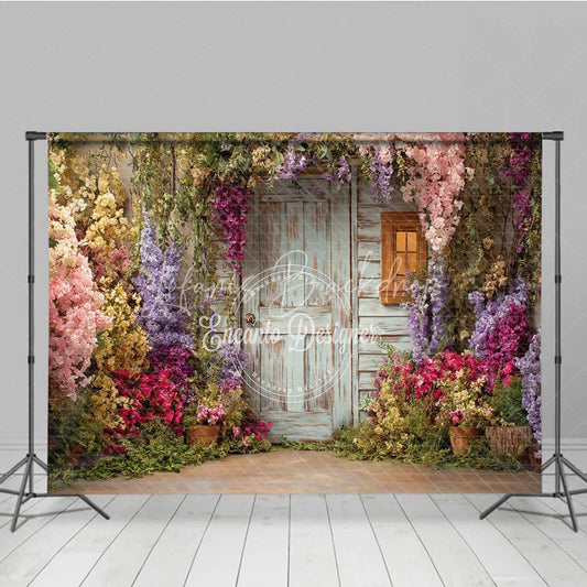 Lofaris Rustic Wooden Door and Window Photography Backdrop with Colorful Spring Flowers Enchanted Garden Scene