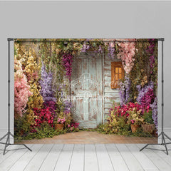 Lofaris Rustic Wooden Door and Window Photography Backdrop with Colorful Spring Flowers Enchanted Garden Scene