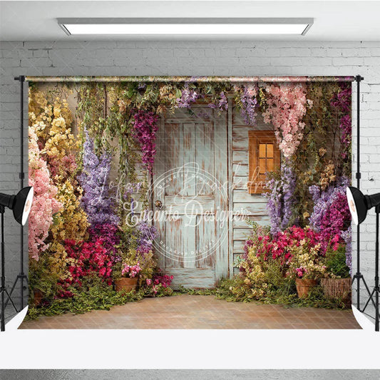 Lofaris Rustic Wooden Door and Window Photography Backdrop with Colorful Spring Flowers Enchanted Garden Scene