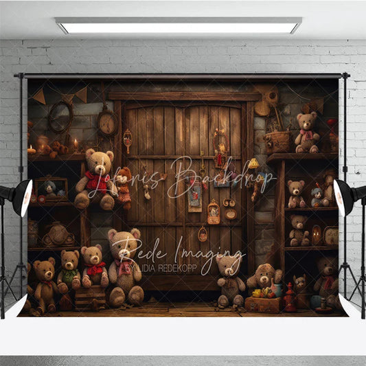 Lofaris Rustic Wooden Door Birthday Cake Smash Backdrop Vintage Teddy Bear Toy Store Background Child Photography Prop