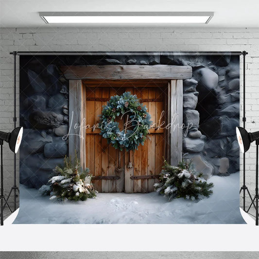Lofaris Rustic Wooden Door Christmas Backdrop Stone Wall Wreath Photography Background Farmhouse Winter Snow Holiday Party Decoration