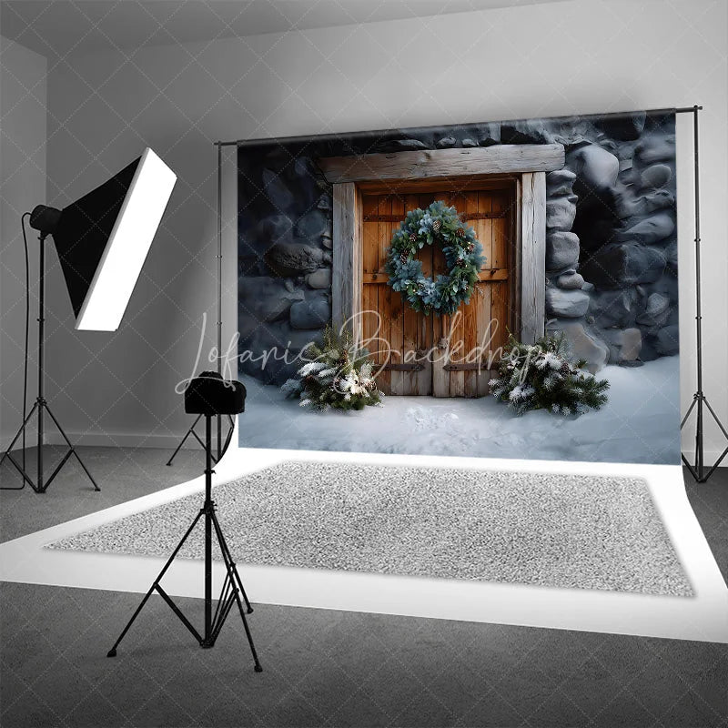 Lofaris Rustic Wooden Door Christmas Backdrop Stone Wall Wreath Photography Background Farmhouse Winter Snow Holiday Party Decoration