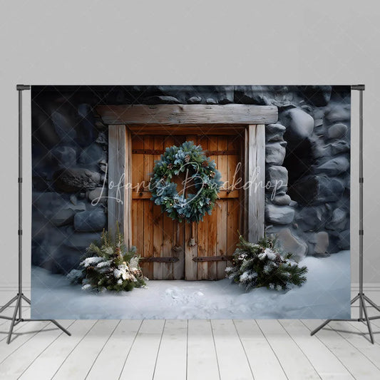 Lofaris Rustic Wooden Door Christmas Backdrop Stone Wall Wreath Photography Background Farmhouse Winter Snow Holiday Party Decoration