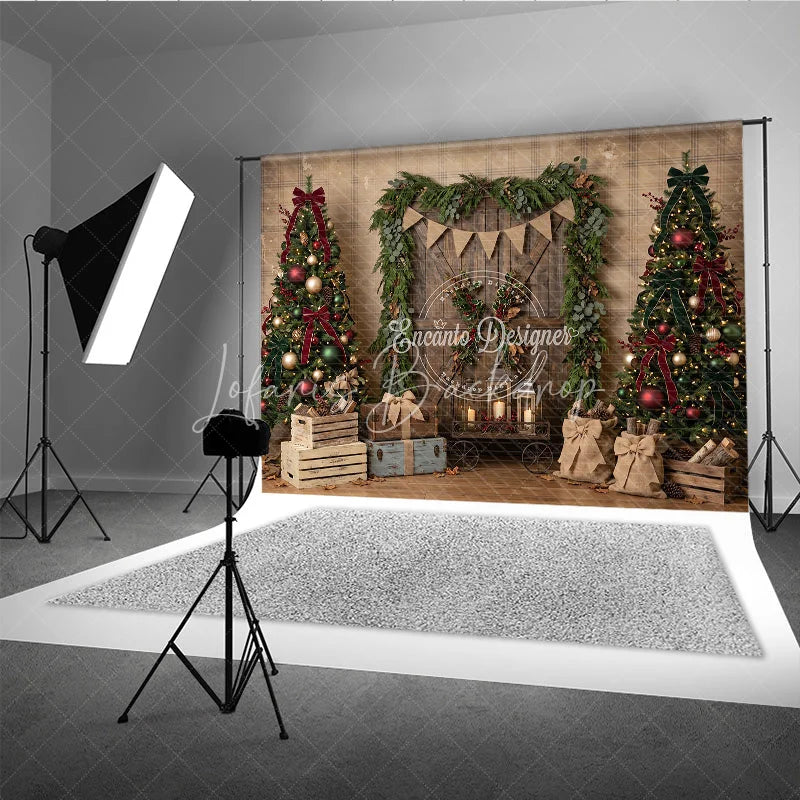 Lofaris Rustic Wooden Door Christmas Trees Holiday Backdrop Festive Red Green Decor and Burlap Presents